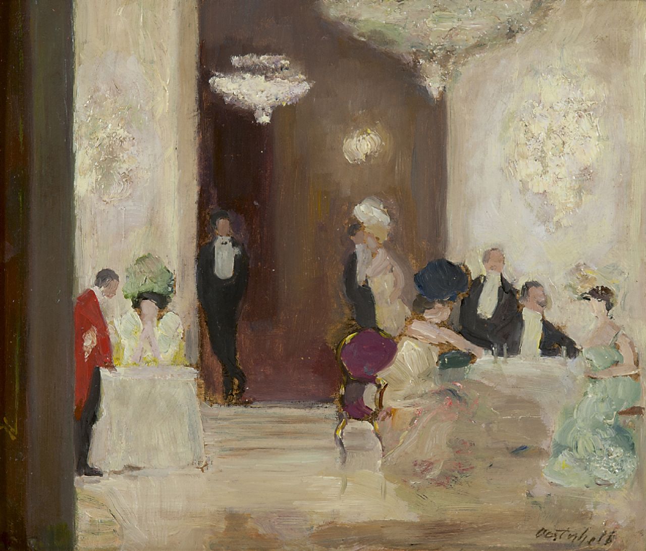 Oesterheld W. | Walter Oesterheld, Nachtlokaal, Berlijn, olieverf op doek op board 22,5 x 26,5 cm, gesigneerd rechtsonder en te dateren ca. 1904 Oesterheld W. | Walter Oesterheld, Nachtlokaal, Berlijn, olieverf op doek op board 22,5 x 26,5 cm, gesigneerd rechtsonder en te dateren ca. 1904