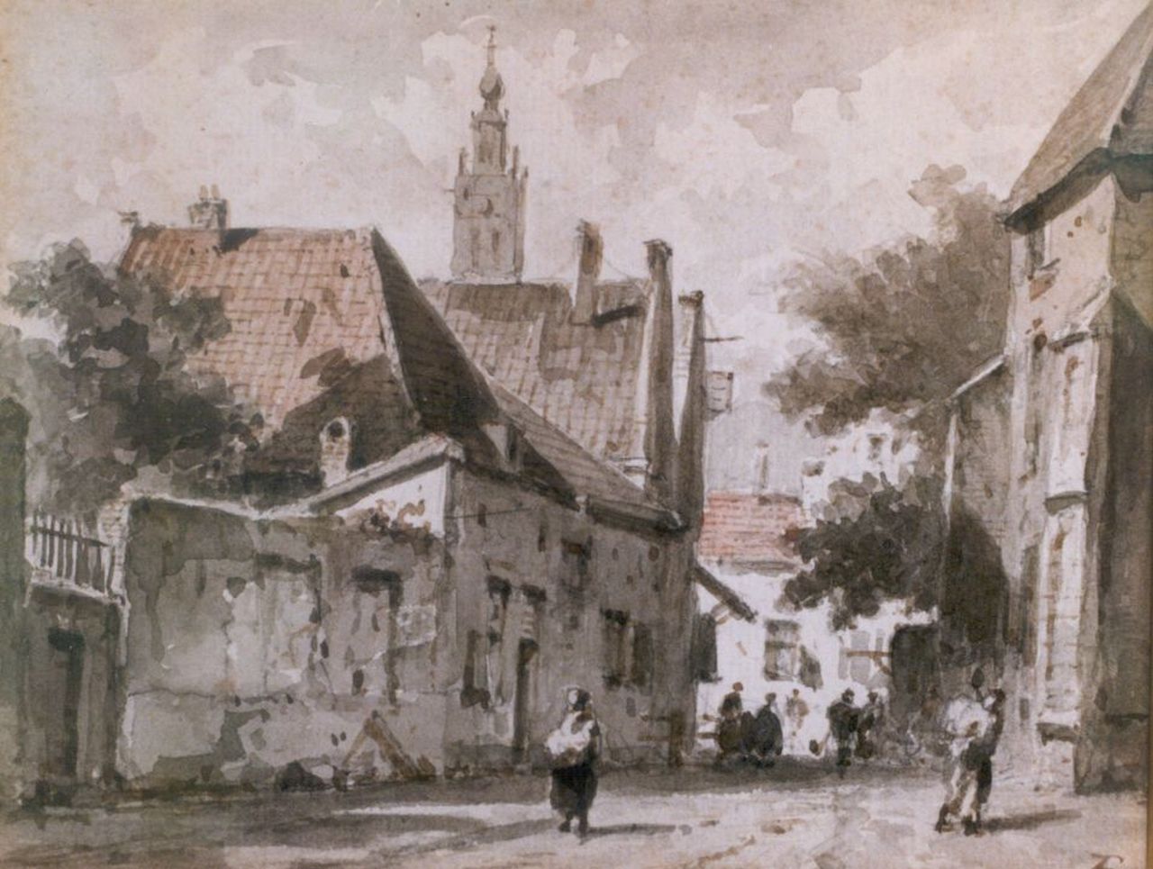 Eversen A. | Adrianus Eversen, Straatje met wandelaars, Haarlem, sepia op papier 15,0 x 18,5 cm, gesigneerd rechtsonder monogram Eversen A. | Adrianus Eversen, Straatje met wandelaars, Haarlem, sepia op papier 15,0 x 18,5 cm, gesigneerd rechtsonder monogram