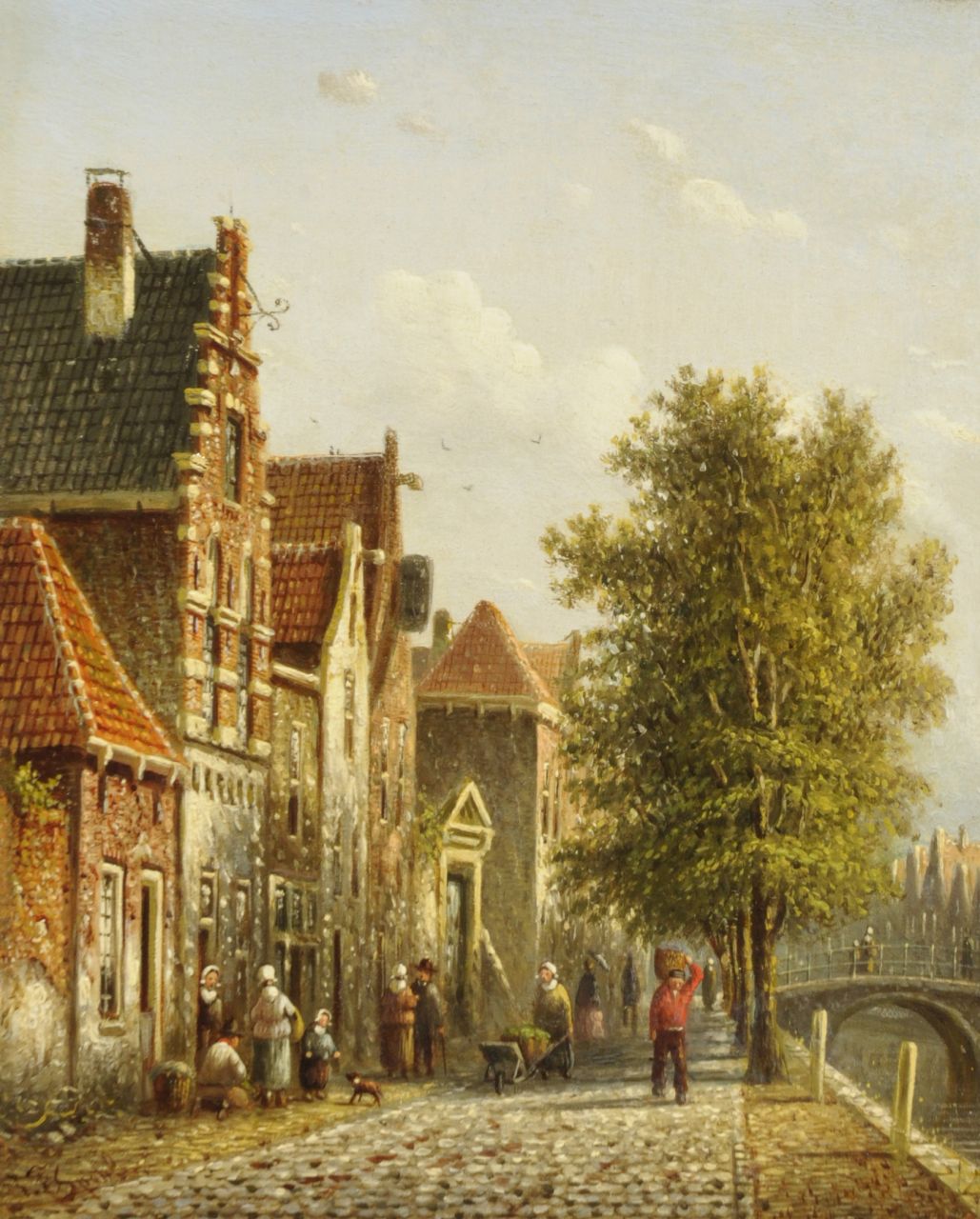 Spohler J.F. | Johannes Franciscus Spohler, Zonnig grachtje, olieverf op paneel 19,4 x 15,8 cm, gesigneerd linksonder Spohler J.F. | Johannes Franciscus Spohler, Zonnig grachtje, olieverf op paneel 19,4 x 15,8 cm, gesigneerd linksonder