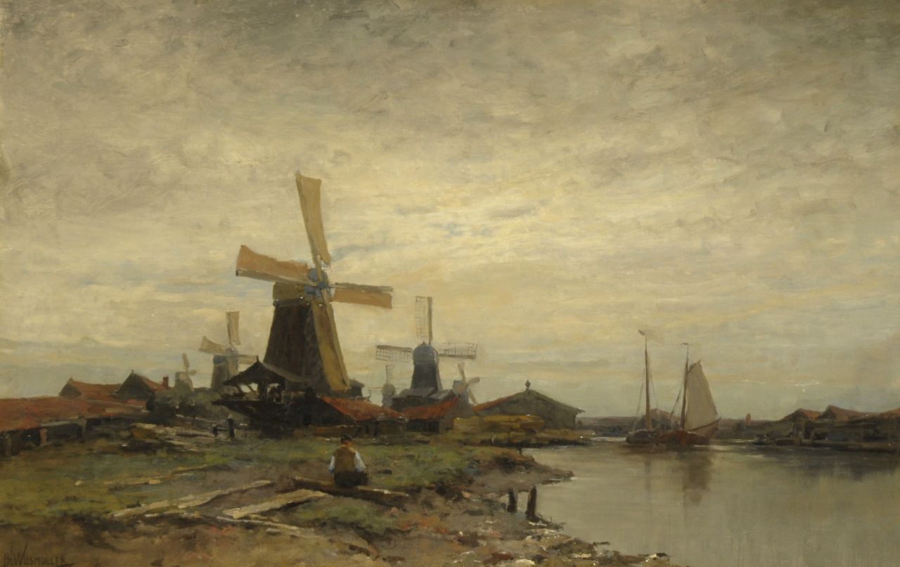 Wijsmuller J.H.  | Jan Hillebrand Wijsmuller, Molens bij een vaart, olieverf op doek 60,5 x 92,5 cm, gesigneerd linksonder
