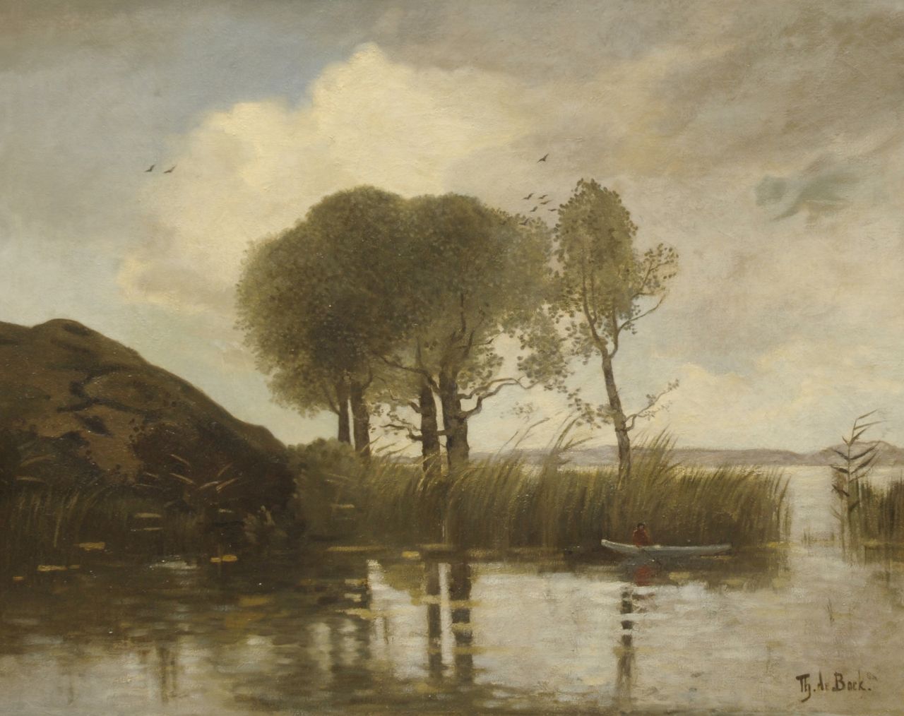 Bock T.E.A. de | Théophile Emile Achille de Bock, Bomen aan een plas met vissersboot, olieverf op doek 99,5 x 121,5 cm, gesigneerd rechtsonder Bock T.E.A. de | Théophile Emile Achille de Bock, Bomen aan een plas met vissersboot, olieverf op doek 99,5 x 121,5 cm, gesigneerd rechtsonder
