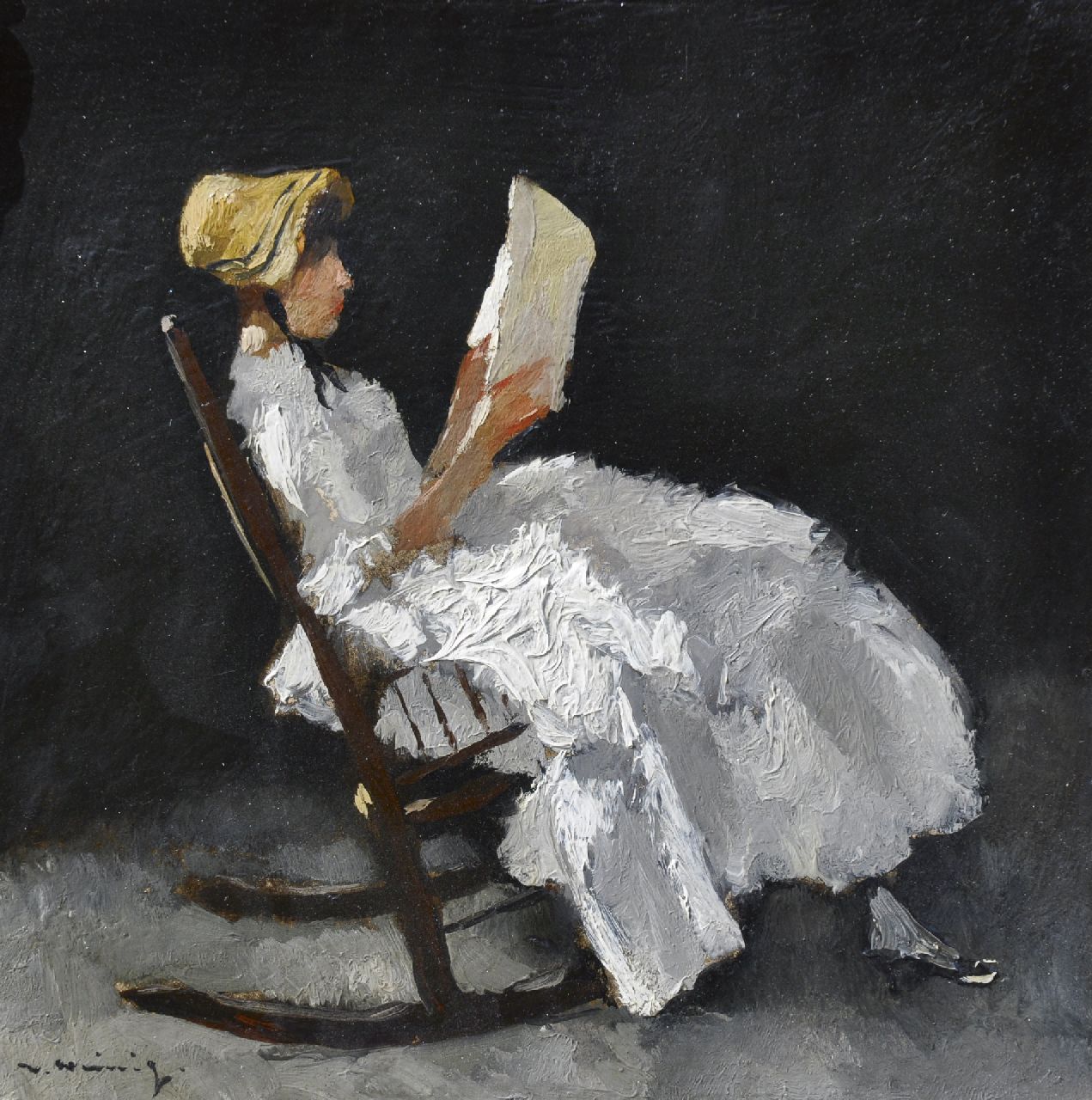 Heimig W.  | Walter Heimig, Jonge vrouw, lezend in een schommelstoel, olieverf op paneel 31,1 x 31,0 cm, gesigneerd linksonder