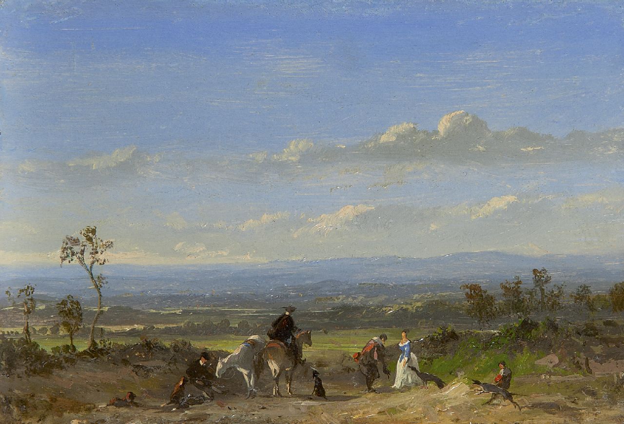 Tavenraat J. | Johannes Tavenraat, Jachtgezelschap in weids landschap, olieverf op paneel 10,3 x 15,0 cm, gesigneerd linksonder met resten van signatuur Tavenraat J. | Johannes Tavenraat, Jachtgezelschap in weids landschap, olieverf op paneel 10,3 x 15,0 cm, gesigneerd linksonder met resten van signatuur