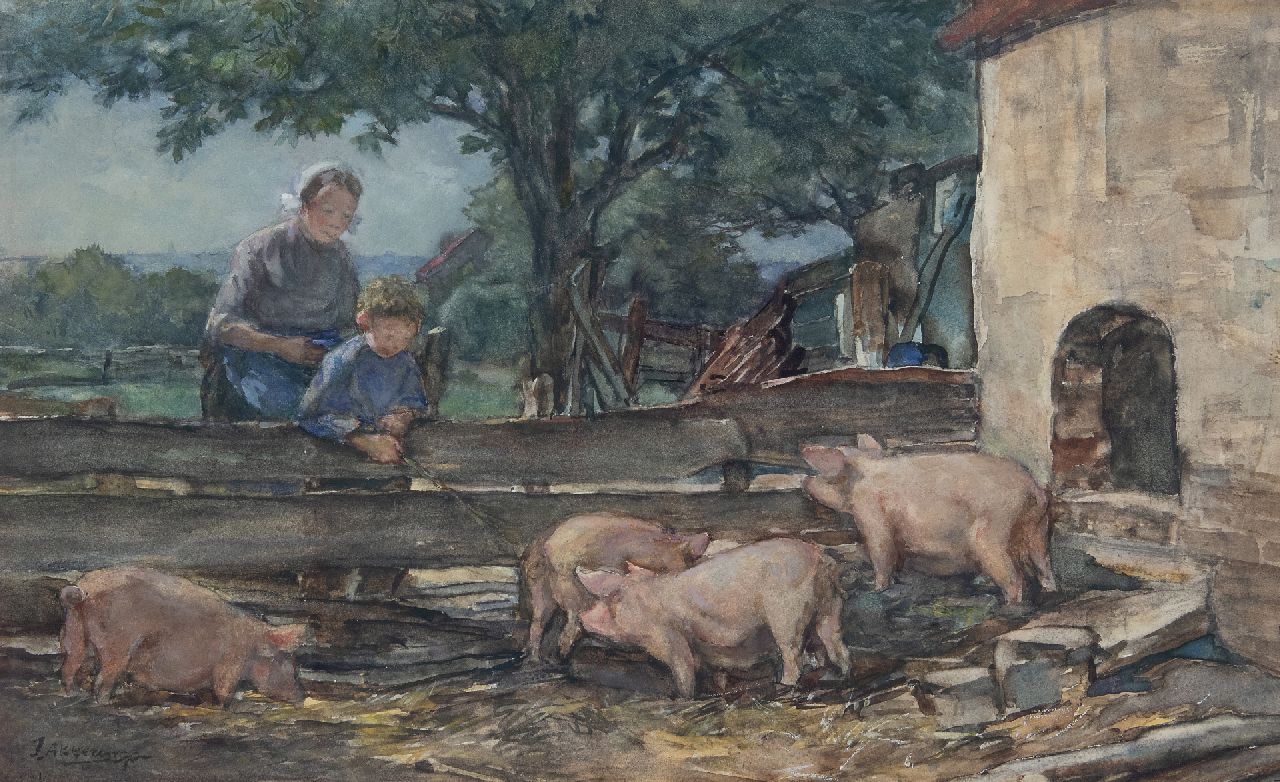 Akkeringa J.E.H. | 'Johannes Evert' Hendrik Akkeringa | Aquarellen en tekeningen te koop aangeboden | Dries bij de varkens, aquarel op papier 27,7 x 45,0 cm, gesigneerd linksonder Akkeringa J.E.H. | 'Johannes Evert' Hendrik Akkeringa | Aquarellen en tekeningen te koop aangeboden | Dries bij de varkens, aquarel op papier 27,7 x 45,0 cm, gesigneerd linksonder