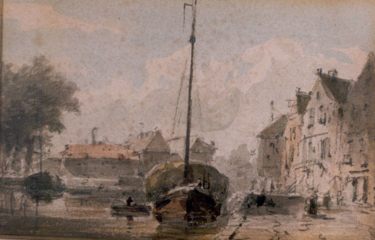 Eversen A. | Adrianus Eversen, Boten in de stadshaven, aquarel op papier 9,0 x 13,8 cm Eversen A. | Adrianus Eversen, Boten in de stadshaven, aquarel op papier 9,0 x 13,8 cm