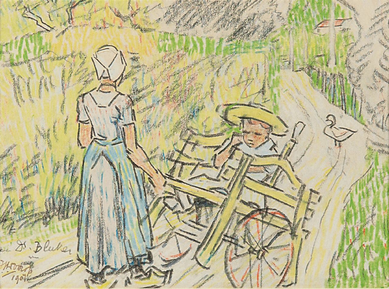 Toorop J.Th. | Johannes Theodorus 'Jan' Toorop, Kindermeisje met Fransje Elout en tamme gans 'de Poele' in Domburg, gekleurd krijt op papier 11,0 x 15,1 cm, gesigneerd linksonder en gedateerd 1907 Toorop J.Th. | Johannes Theodorus 'Jan' Toorop, Kindermeisje met Fransje Elout en tamme gans 'de Poele' in Domburg, gekleurd krijt op papier 11,0 x 15,1 cm, gesigneerd linksonder en gedateerd 1907