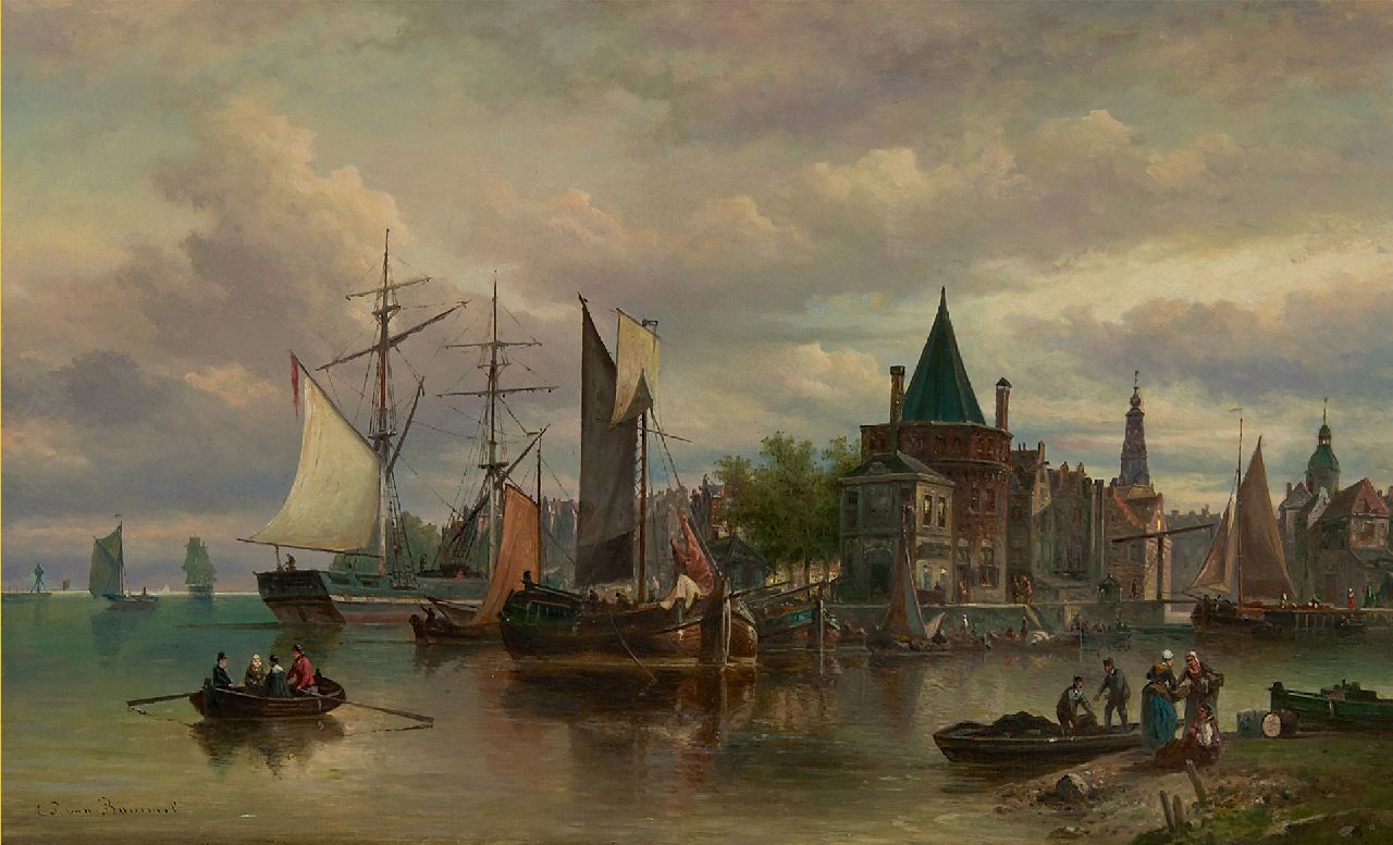 Bommel E.P. van | Elias Pieter van Bommel, Fantasiegezicht op Amsterdam met de Schreierstoren, olieverf op doek 50,3 x 82,4 cm, gesigneerd linksonder