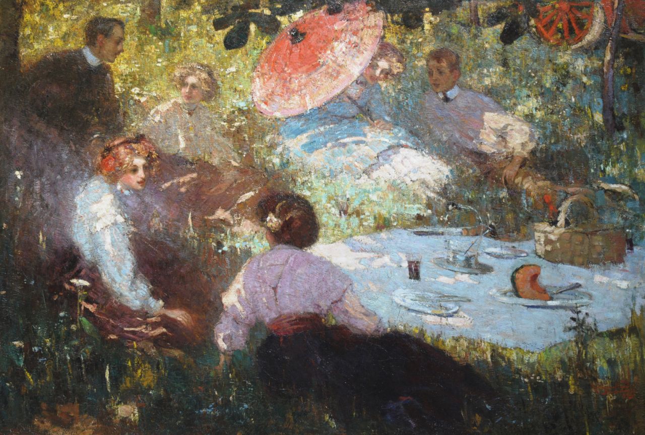 Graafland R.A.A.J.  | Robert Archibald Antonius Joan 'Rob' Graafland, Picknick op een zomerdag, olieverf op doek 139,7 x 206,0 cm, gesigneerd rechtsonder en gedateerd 1909