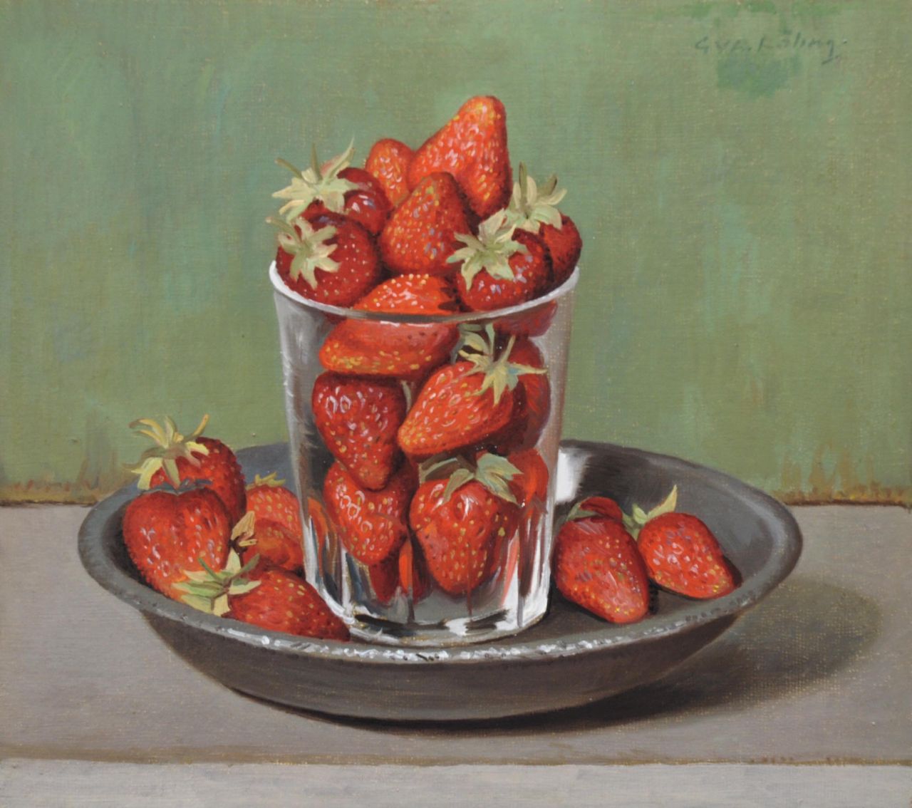 Röling G.V.A. | Gerard Victor Alphons 'Gé' Röling, Aardbeien in glas op tinnen schaal, olieverf op board 24,7 x 27,5 cm, gesigneerd rechtsboven Röling G.V.A. | Gerard Victor Alphons 'Gé' Röling, Aardbeien in glas op tinnen schaal, olieverf op board 24,7 x 27,5 cm, gesigneerd rechtsboven