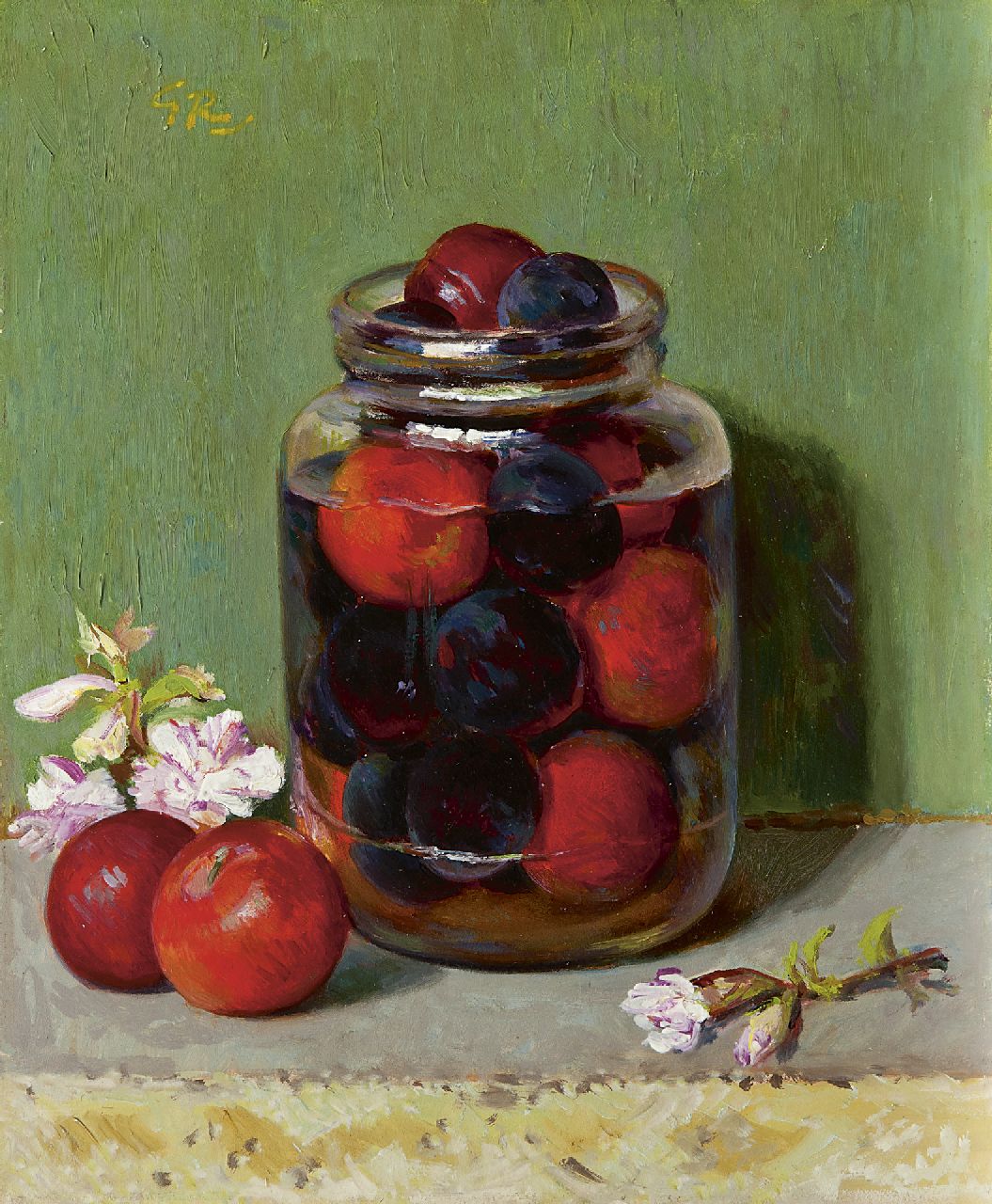 Röling G.V.A. | Gerard Victor Alphons 'Gé' Röling, Pruimen in glazen pot, olieverf op board 30,1 x 25,0 cm, gesigneerd linksboven met initialen en verso voluit Röling G.V.A. | Gerard Victor Alphons 'Gé' Röling, Pruimen in glazen pot, olieverf op board 30,1 x 25,0 cm, gesigneerd linksboven met initialen en verso voluit