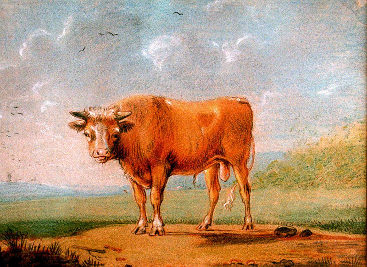 Verboeckhoven E.J. | Eugène Joseph Verboeckhoven, Bruine stier in landschap, pastel op papier 12,8 x 16,5 cm, gesigneerd r.v.h. m en gedateerd 1817 Verboeckhoven E.J. | Eugène Joseph Verboeckhoven, Bruine stier in landschap, pastel op papier 12,8 x 16,5 cm, gesigneerd r.v.h. m en gedateerd 1817