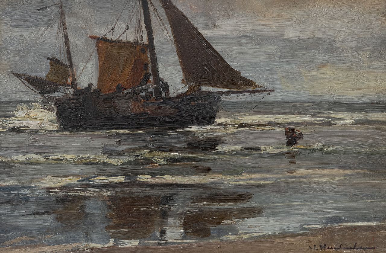 Hambüchen W. | Wilhelm Hambüchen | Schilderijen te koop aangeboden | Het uitladen van de vangst, Katwijk, olieverf op paneel 27,9 x 42,2 cm, gesigneerd rechtsonder Hambüchen W. | Wilhelm Hambüchen | Schilderijen te koop aangeboden | Het uitladen van de vangst, Katwijk, olieverf op paneel 27,9 x 42,2 cm, gesigneerd rechtsonder