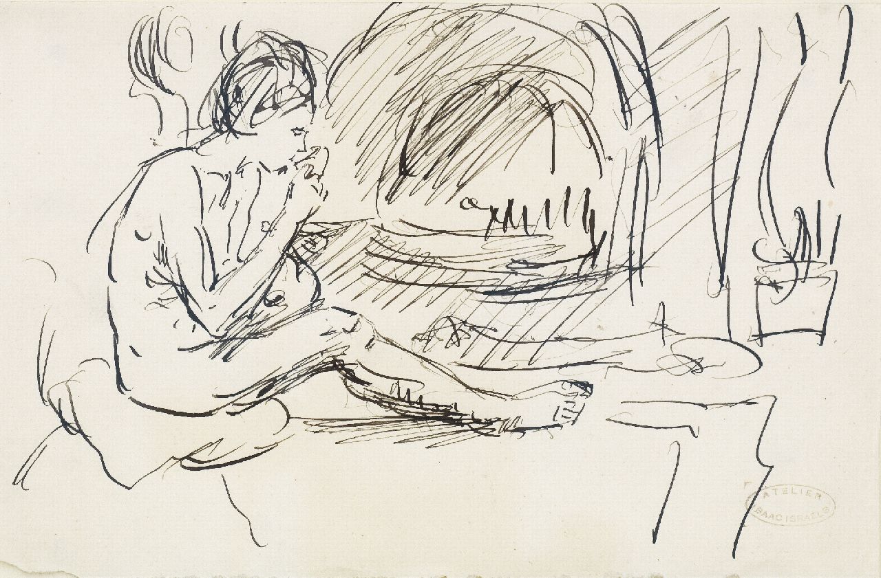 Israels I.L.  | 'Isaac' Lazarus Israels, Zittend naakt bij haard, pen en inkt op papier 13,2 x 20,9 cm