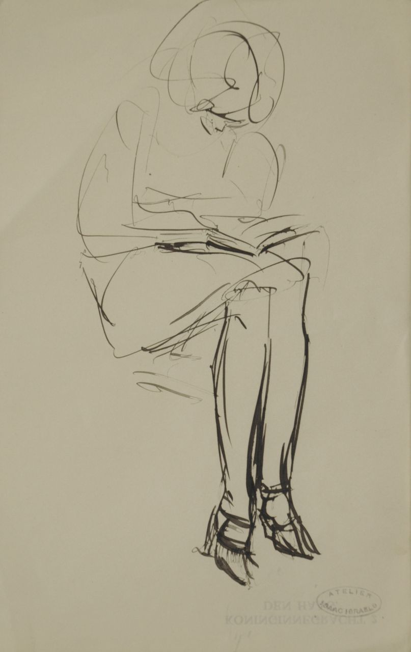 Israels I.L. | 'Isaac' Lazarus Israels, Zittende, lezende jonge vrouw, pen en inkt op papier 21,1 x 13,4 cm Israels I.L. | 'Isaac' Lazarus Israels, Zittende, lezende jonge vrouw, pen en inkt op papier 21,1 x 13,4 cm