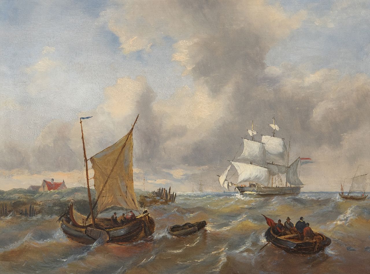 Opdenhoff (toegeschreven aan) G.W. | Witzel 'George Willem' Opdenhoff (toegeschreven aan) | Schilderijen te koop aangeboden | Schepen voor de kust in stevige bries, olieverf op paneel 23,7 x 32,0 cm Opdenhoff (toegeschreven aan) G.W. | Witzel 'George Willem' Opdenhoff (toegeschreven aan) | Schilderijen te koop aangeboden | Schepen voor de kust in stevige bries, olieverf op paneel 23,7 x 32,0 cm