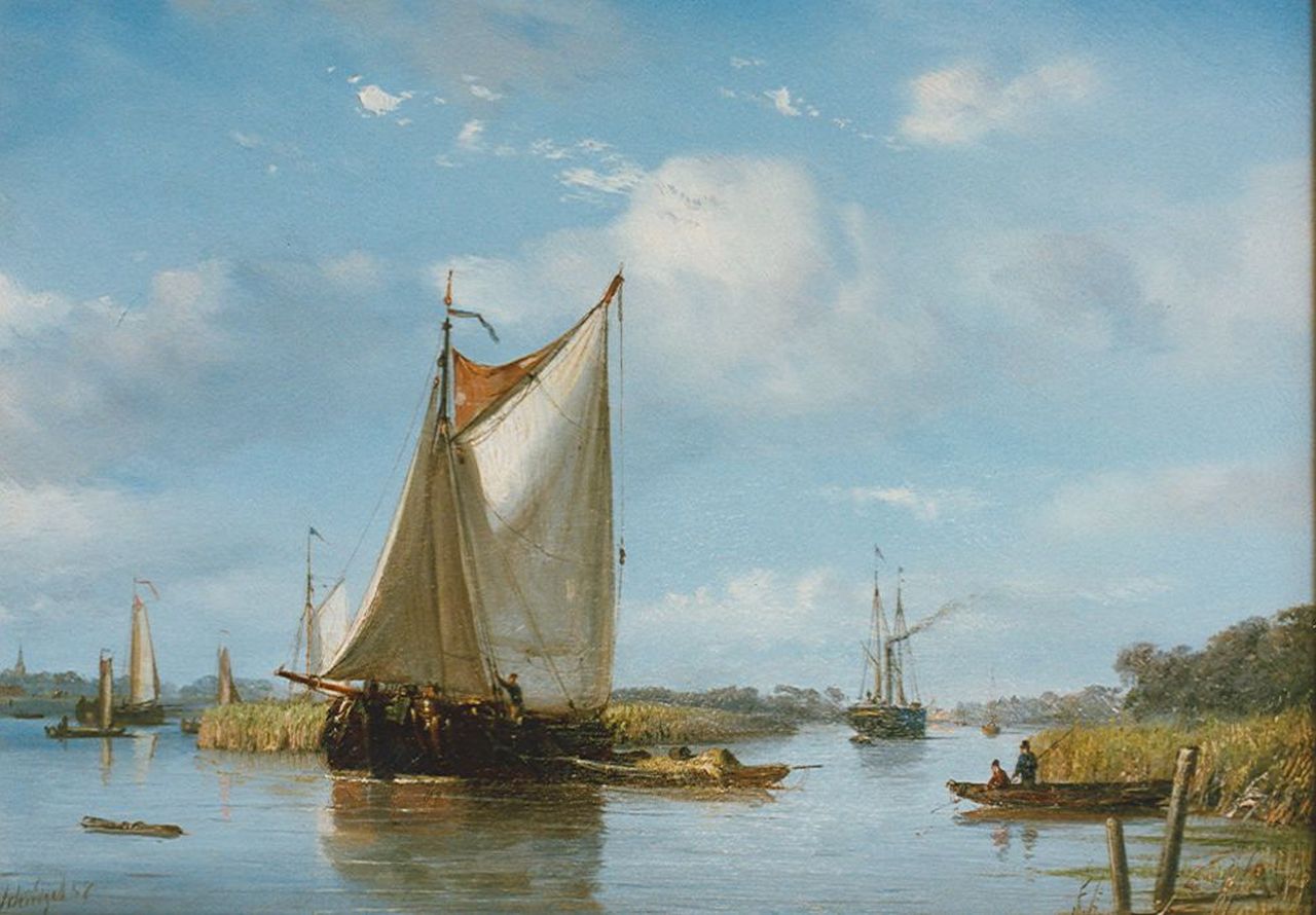 Schiedges P.P. | Petrus Paulus Schiedges, Platbodems in zomers rivierlandschap, olieverf op paneel 24,7 x 34,0 cm, gesigneerd linksonder en gedateerd '57 Schiedges P.P. | Petrus Paulus Schiedges, Platbodems in zomers rivierlandschap, olieverf op paneel 24,7 x 34,0 cm, gesigneerd linksonder en gedateerd '57