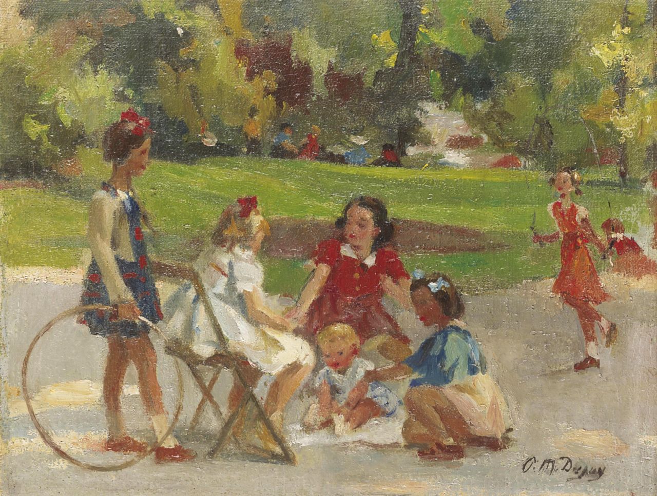 Dupuy P.M. | Paul Michel Dupuy, Spelende meisjes in het Parc Monceau, Parijs, olieverf op doek 28,6 x 37,2 cm, gesigneerd rechtsonder Dupuy P.M. | Paul Michel Dupuy, Spelende meisjes in het Parc Monceau, Parijs, olieverf op doek 28,6 x 37,2 cm, gesigneerd rechtsonder