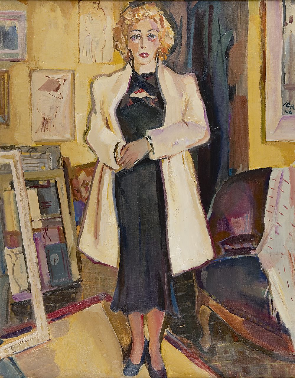 Jordens J.G. | 'Jan' Gerrit Jordens, Vrouw in schildersinterieur, olieverf op doek 90,6 x 70,7 cm, gesigneerd rechts van het midden en gedateerd '38 Jordens J.G. | 'Jan' Gerrit Jordens, Vrouw in schildersinterieur, olieverf op doek 90,6 x 70,7 cm, gesigneerd rechts van het midden en gedateerd '38