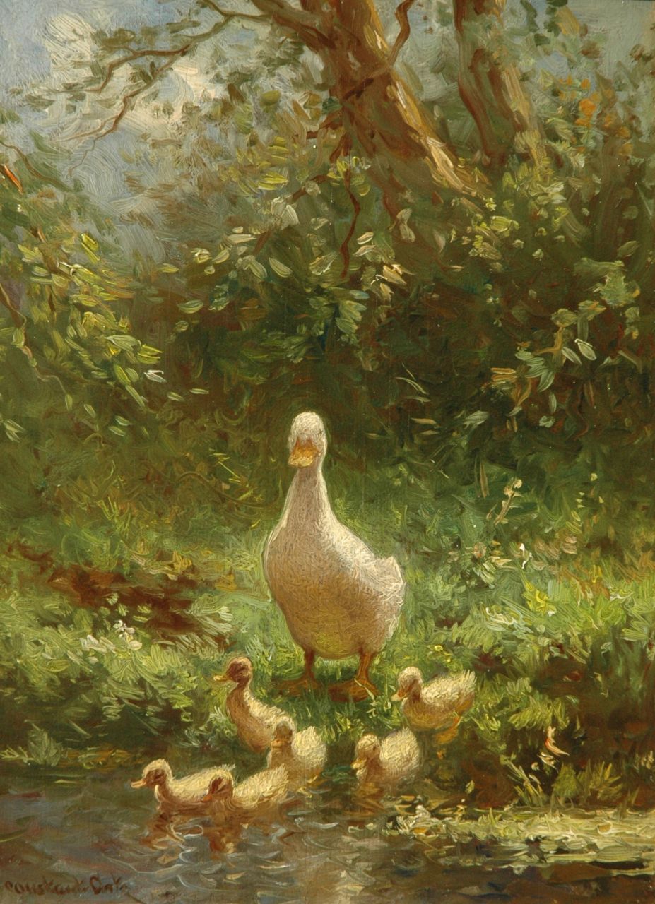 Artz C.D.L.  | 'Constant' David Ludovic Artz, Moedereend met zes kuikens aan de waterrand, olieverf op paneel 24,1 x 18,0 cm, gesigneerd linksonder