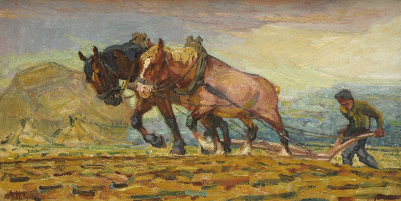 Gouwe A.H. | Adriaan Herman Gouwe, Ploegende boer met trekpaarden, olieverf op doek 36,8 x 70,3 cm, gesigneerd linksonder Gouwe A.H. | Adriaan Herman Gouwe, Ploegende boer met trekpaarden, olieverf op doek 36,8 x 70,3 cm, gesigneerd linksonder