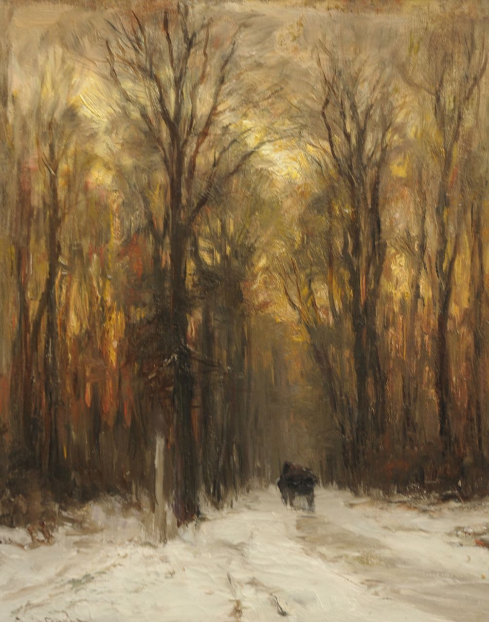Apol L.F.H.  | Lodewijk Franciscus Hendrik 'Louis' Apol, Besneeuwde laan met paard-en-wagen, olieverf op doek 49,9 x 39,6 cm, gesigneerd linksonder
