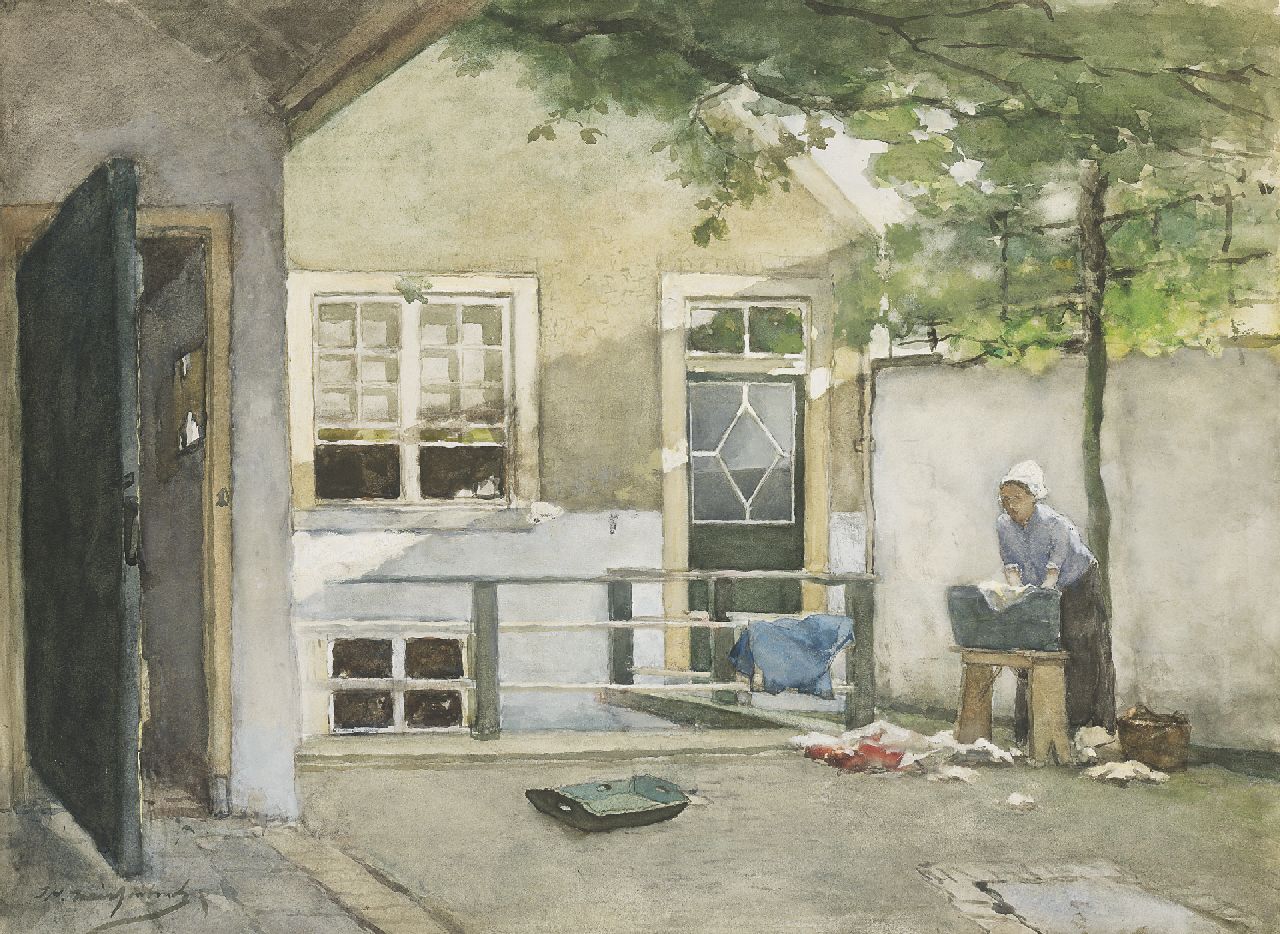 Weissenbruch H.J.  | Hendrik Johannes 'J.H.' Weissenbruch, Wasdag: uitzicht vanuit het atelier van de schilder op de binnenplaats van zijn huis aan de Kazernestraat, Den Haag, zwart krijt, aquarel en gouache op schildersboard 52,8 x 71,8 cm, gesigneerd linksonder