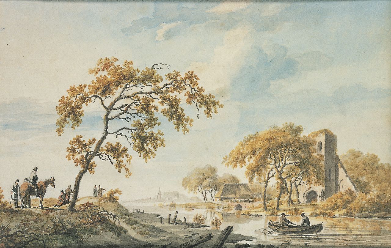 Koekkoek B.C. | Barend Cornelis Koekkoek, Landvolk bij een rivier met ruïne, gewassen inkt en aquarel op papier 17,4 x 26,5 cm, gesigneerd middenonder Koekkoek B.C. | Barend Cornelis Koekkoek, Landvolk bij een rivier met ruïne, gewassen inkt en aquarel op papier 17,4 x 26,5 cm, gesigneerd middenonder