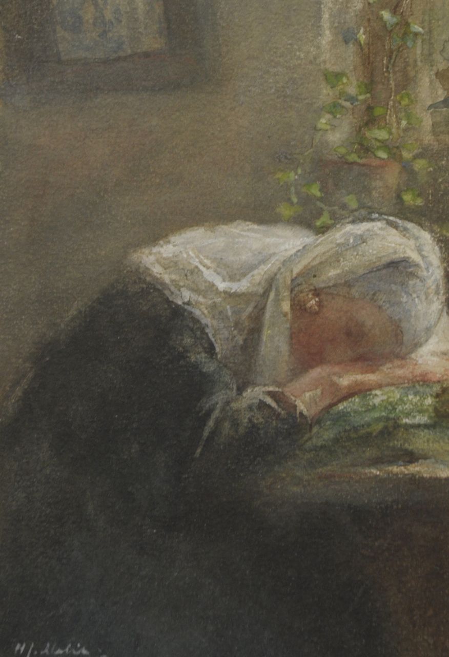 Mélis H.J. | Henricus Joannes Mélis, Het middagdutje, aquarel op papier 17,5 x 12,3 cm, gesigneerd linksonder Mélis H.J. | Henricus Joannes Mélis, Het middagdutje, aquarel op papier 17,5 x 12,3 cm, gesigneerd linksonder