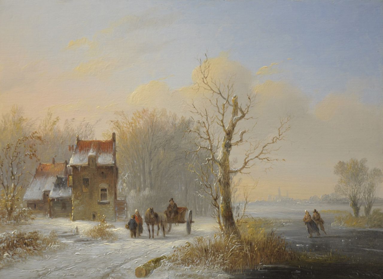 Stok J. van der | Jacobus van der Stok, Winters tafereel met paard en wagen en schaatsers, olieverf op paneel 19,6 x 26,4 cm, gesigneerd rechtsonder