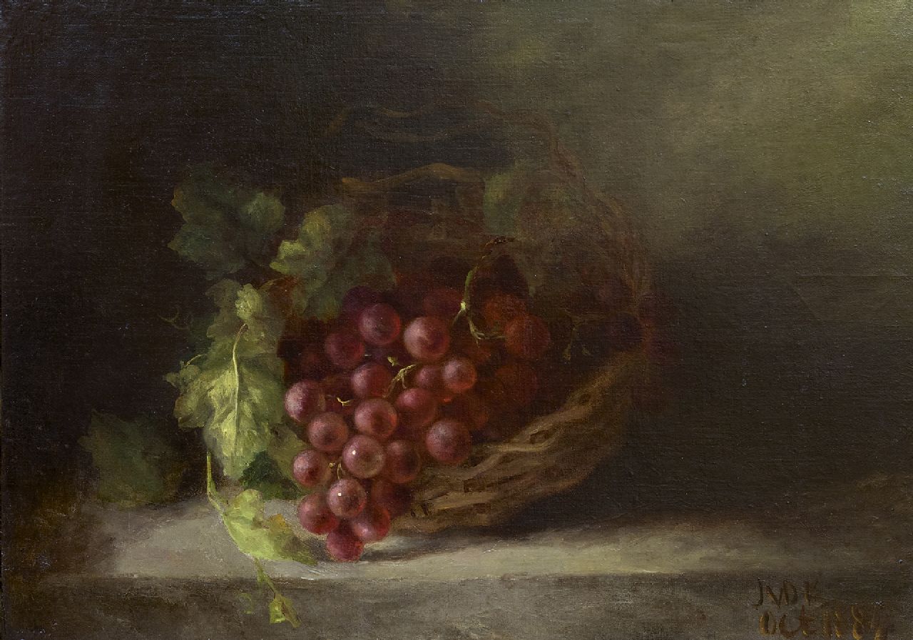 Johanna Margaretha van de Kasteele | Stilleven van druiven in een mand, olieverf op doek op paneel, 35,8 x 50,6 cm, gesigneerd r.o. met initialen en gedateerd oct. 1884 Johanna Margaretha van de Kasteele | Stilleven van druiven in een mand, olieverf op doek op paneel, 35,8 x 50,6 cm, gesigneerd r.o. met initialen en gedateerd oct. 1884
