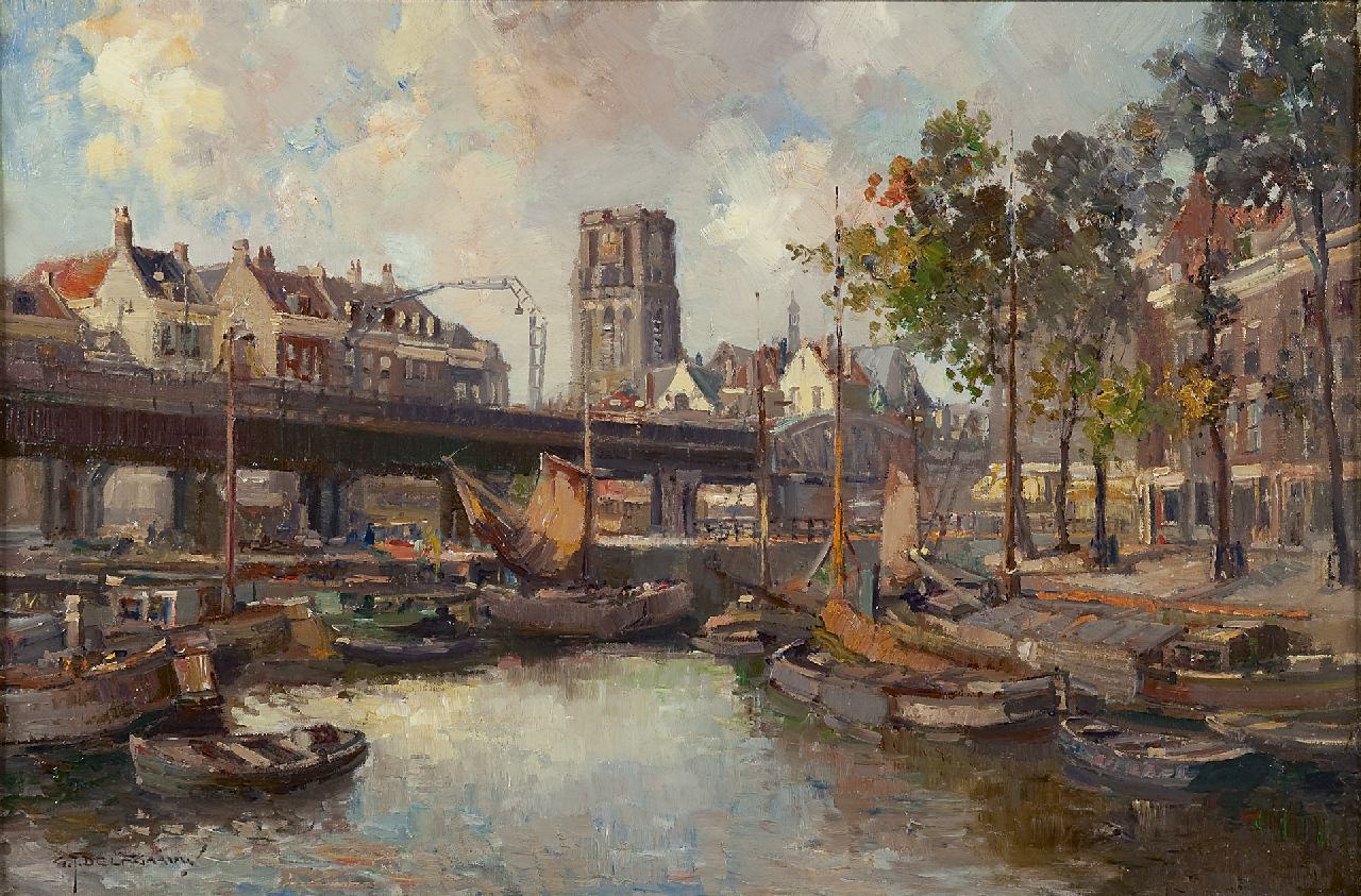 Delfgaauw G.J.  | Gerardus Johannes 'Gerard' Delfgaauw, De Kolk in Rotterdam met de spoorbrug en de Sint-Laurenskerk, olieverf op doek 40,5 x 60,3 cm, gesigneerd linksonder