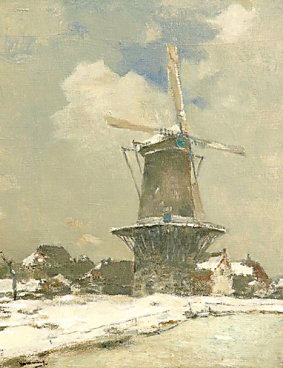 Wenning IJ.H. | IJpe Heerke 'Ype' Wenning, Korenmolen De Hoop te Oudewater, in de sneeuw, olieverf op doek 53,6 x 41,5 cm, gesigneerd linksonder Wenning IJ.H. | IJpe Heerke 'Ype' Wenning, Korenmolen De Hoop te Oudewater, in de sneeuw, olieverf op doek 53,6 x 41,5 cm, gesigneerd linksonder