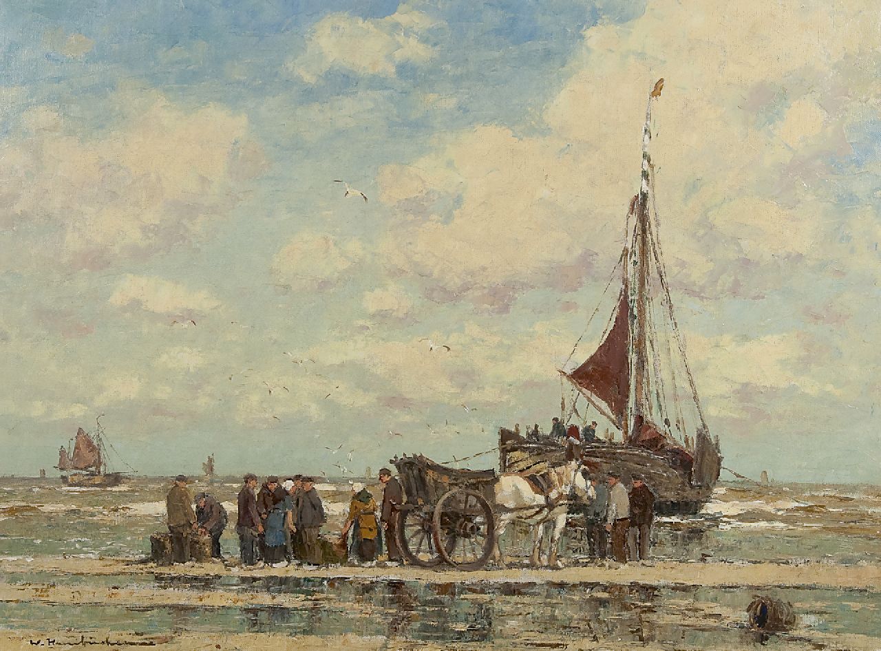 Hambüchen W. | Wilhelm Hambüchen, Het uitladen van de vangst, olieverf op doek 60,3 x 80,5 cm, gesigneerd linksonder Hambüchen W. | Wilhelm Hambüchen, Het uitladen van de vangst, olieverf op doek 60,3 x 80,5 cm, gesigneerd linksonder