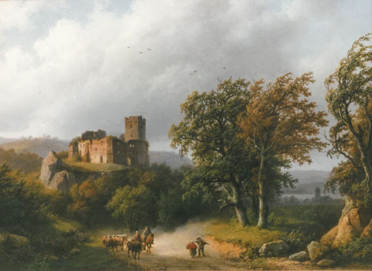 Koekkoek B.C.  | Barend Cornelis Koekkoek, Reizigers trotseren de storm in een boomrijk Duits landschap, olieverf op paneel 34,7 x 47,5 cm, gesigneerd rechtsonder en gedateerd 1857