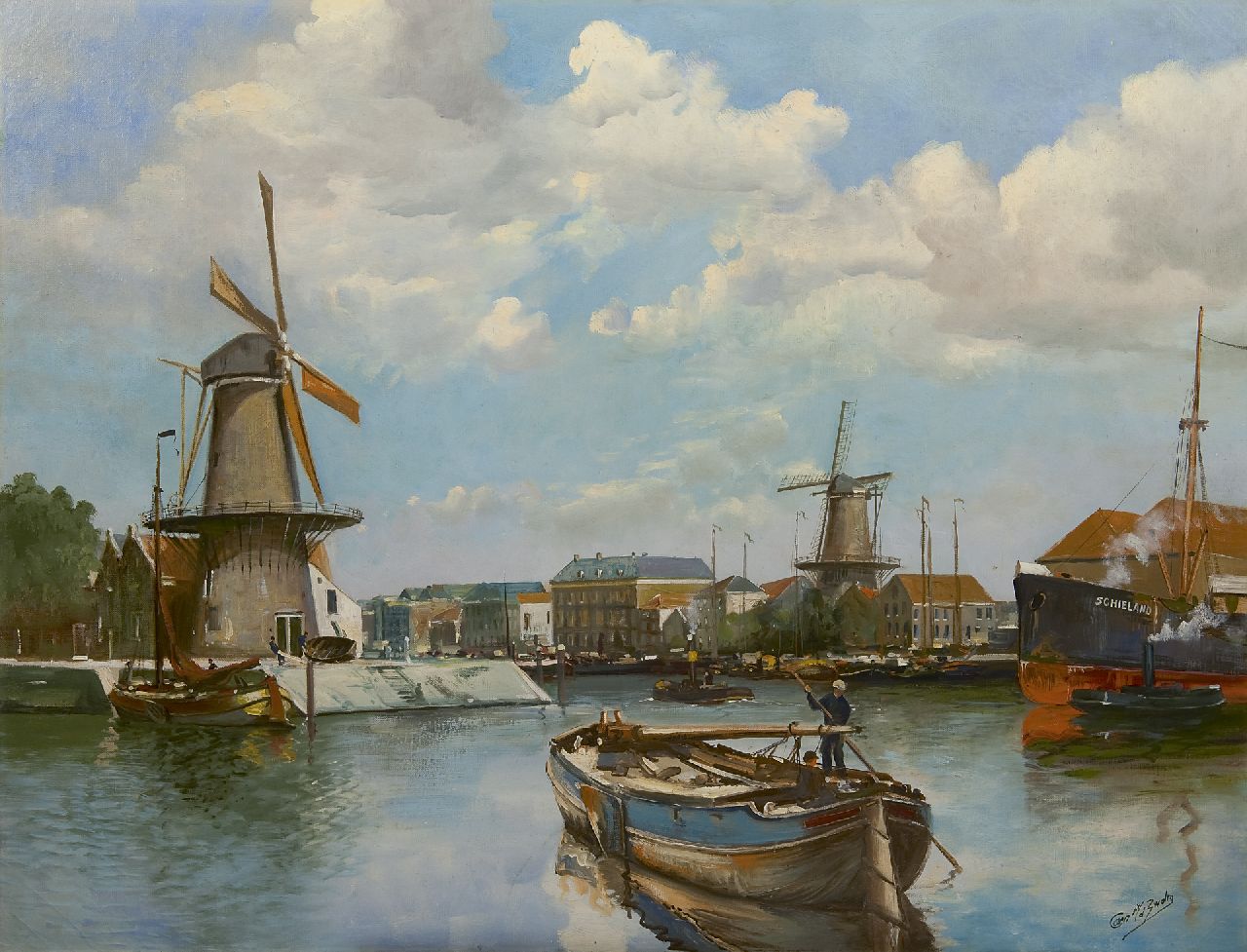 Zwalm C. van der | Cor van der Zwalm, Gezicht op Delfshaven met de molens De Distilleerketel en De Waakzaamheid, olieverf op doek 74,9 x 98,4 cm, gesigneerd rechtsonder Zwalm C. van der | Cor van der Zwalm, Gezicht op Delfshaven met de molens De Distilleerketel en De Waakzaamheid, olieverf op doek 74,9 x 98,4 cm, gesigneerd rechtsonder