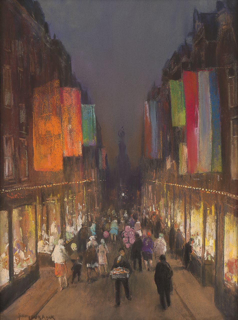 Heijenbrock J.C.H.  | Johan Coenraad Hermann 'Herman' Heijenbrock | Aquarellen en tekeningen te koop aangeboden | De Amsterdamse Kalverstraat met vlaggen, bij avond, pastel op papier 61,0 x 39,3 cm, gesigneerd linksonder en te dateren ca. 1932