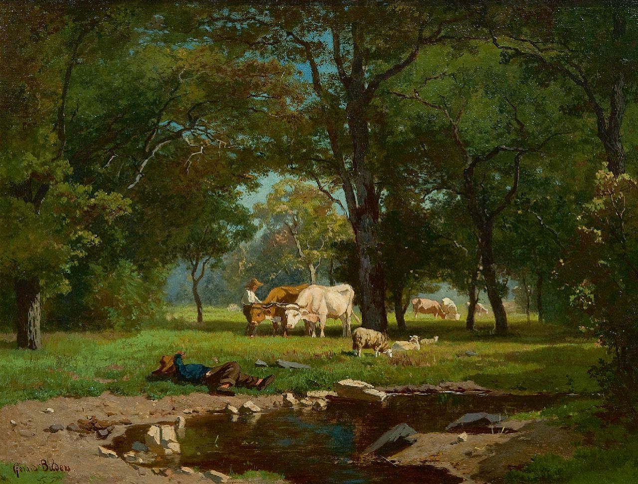 Bilders A.G. | Albertus Gerardus 'Gerard' Bilders, Herders met vee bij een bosbeek, olieverf op doek 31,0 x 41,2 cm, gesigneerd linksonder en te dateren begin jaren 1860 Bilders A.G. | Albertus Gerardus 'Gerard' Bilders, Herders met vee bij een bosbeek, olieverf op doek 31,0 x 41,2 cm, gesigneerd linksonder en te dateren begin jaren 1860
