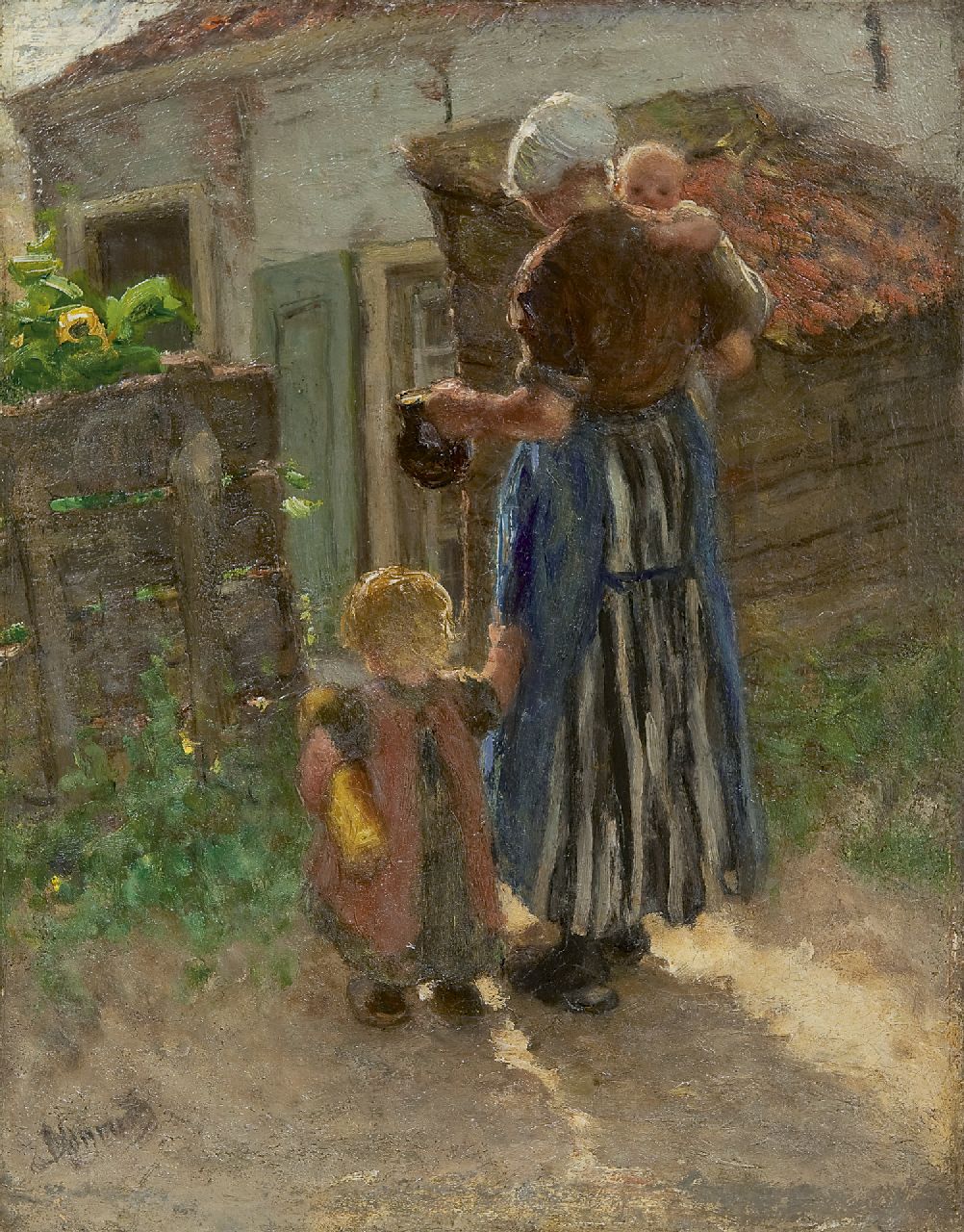 Blommers B.J. | Bernardus Johannes 'Bernard' Blommers, Jonge moeder met kinderen, olieverf op doek 35,3 x 27,6 cm, gesigneerd linksonder Blommers B.J. | Bernardus Johannes 'Bernard' Blommers, Jonge moeder met kinderen, olieverf op doek 35,3 x 27,6 cm, gesigneerd linksonder