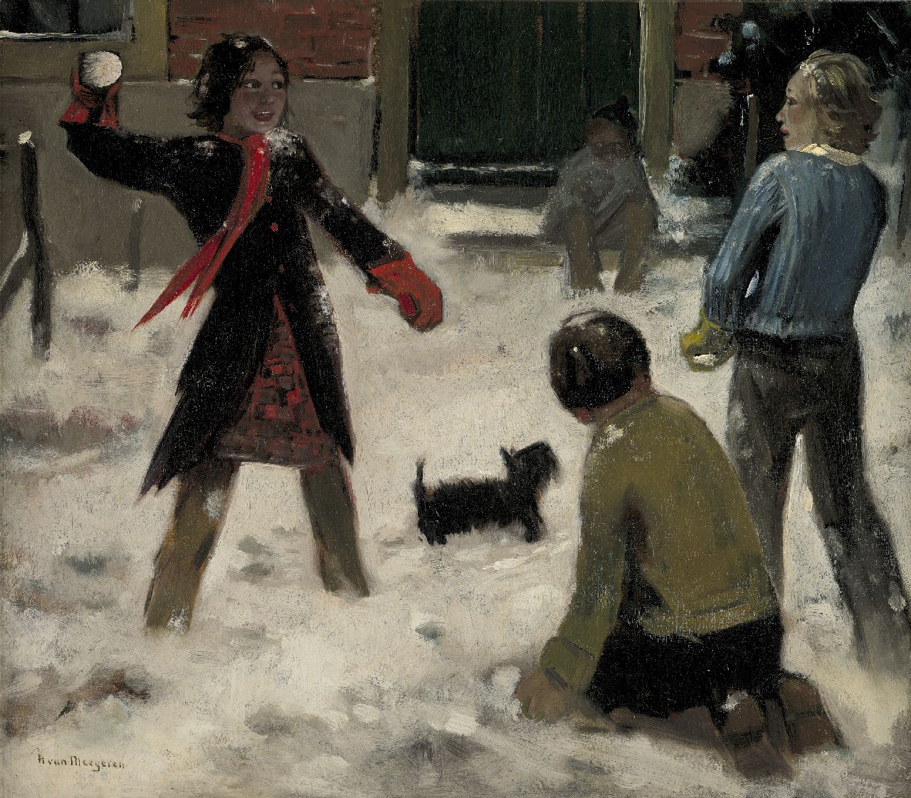 Meegeren H.A. van | Henricus Antonius 'Han' van Meegeren, Sneeuwballen gooien, olieverf op doek 63,0 x 71,0 cm, gesigneerd linksonder en te dateren ca. 1944-1945 Meegeren H.A. van | Henricus Antonius 'Han' van Meegeren, Sneeuwballen gooien, olieverf op doek 63,0 x 71,0 cm, gesigneerd linksonder en te dateren ca. 1944-1945