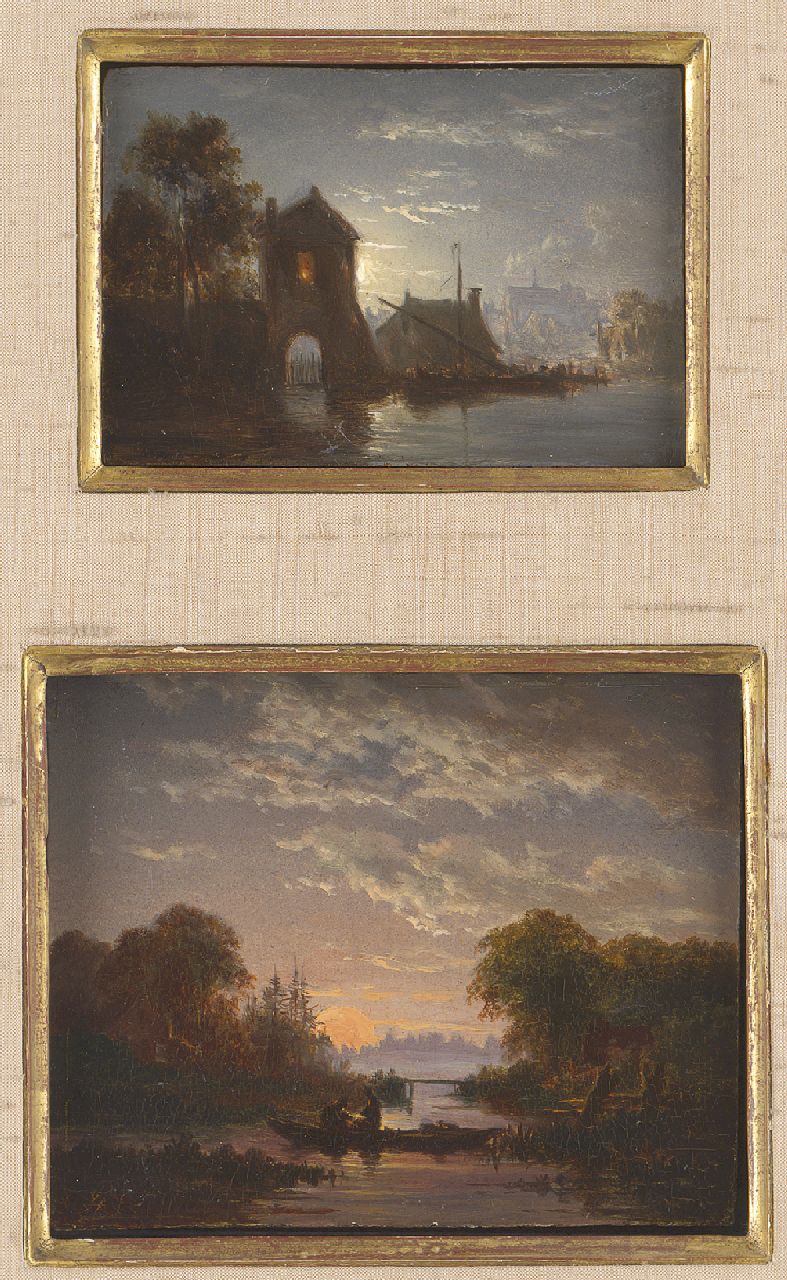 Abels J.Th.  | 'Jacobus' Theodorus Abels, Vissers bij dageraad en Haven bij maanlicht (samen in lijst), olieverf op paneel 9,6 x 11,6 cm, gesigneerd één gesigneerd linksonder met monogram