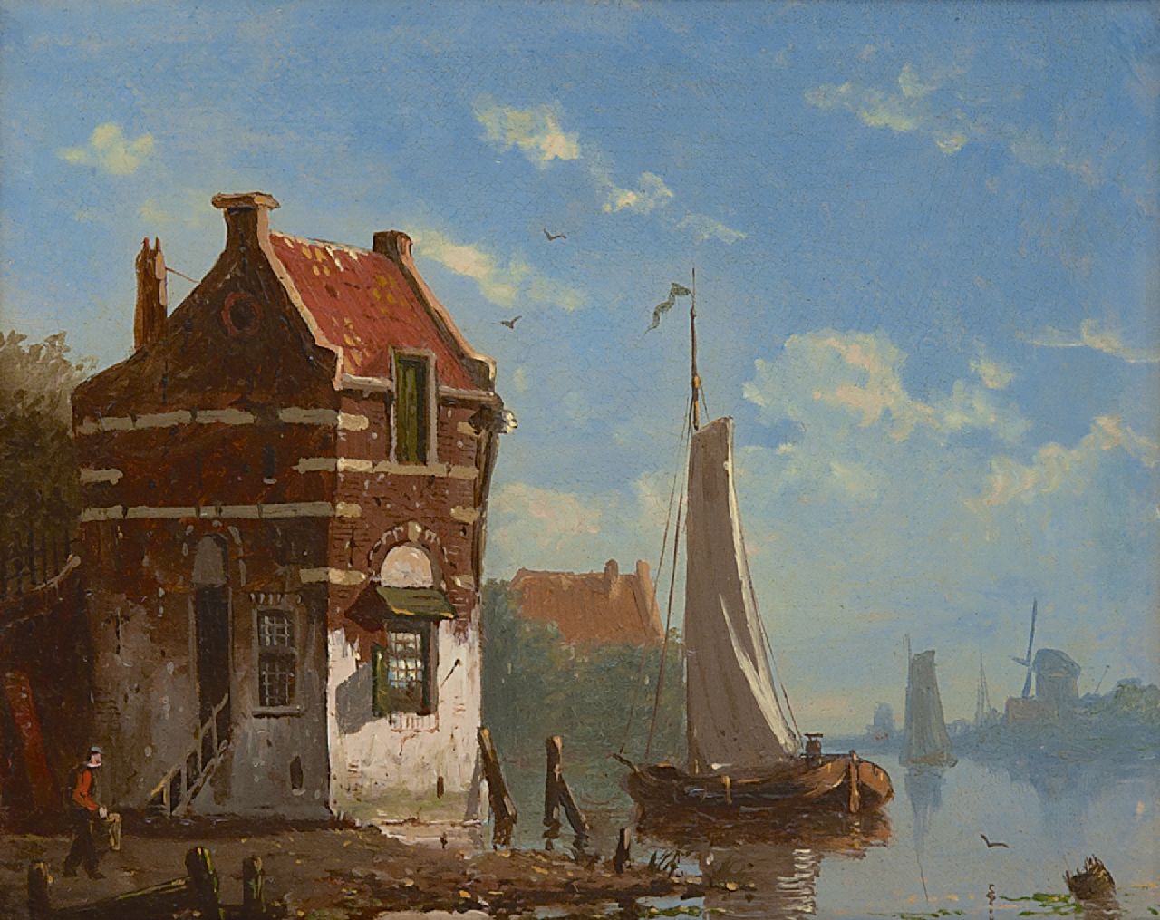 Roosdorp F. | Frederik Roosdorp, Zeilschepen op kalme rivier bij een dorpje, olieverf op paneel 14,2 x 17,6 cm, gesigneerd linksonder met initiaal Roosdorp F. | Frederik Roosdorp, Zeilschepen op kalme rivier bij een dorpje, olieverf op paneel 14,2 x 17,6 cm, gesigneerd linksonder met initiaal
