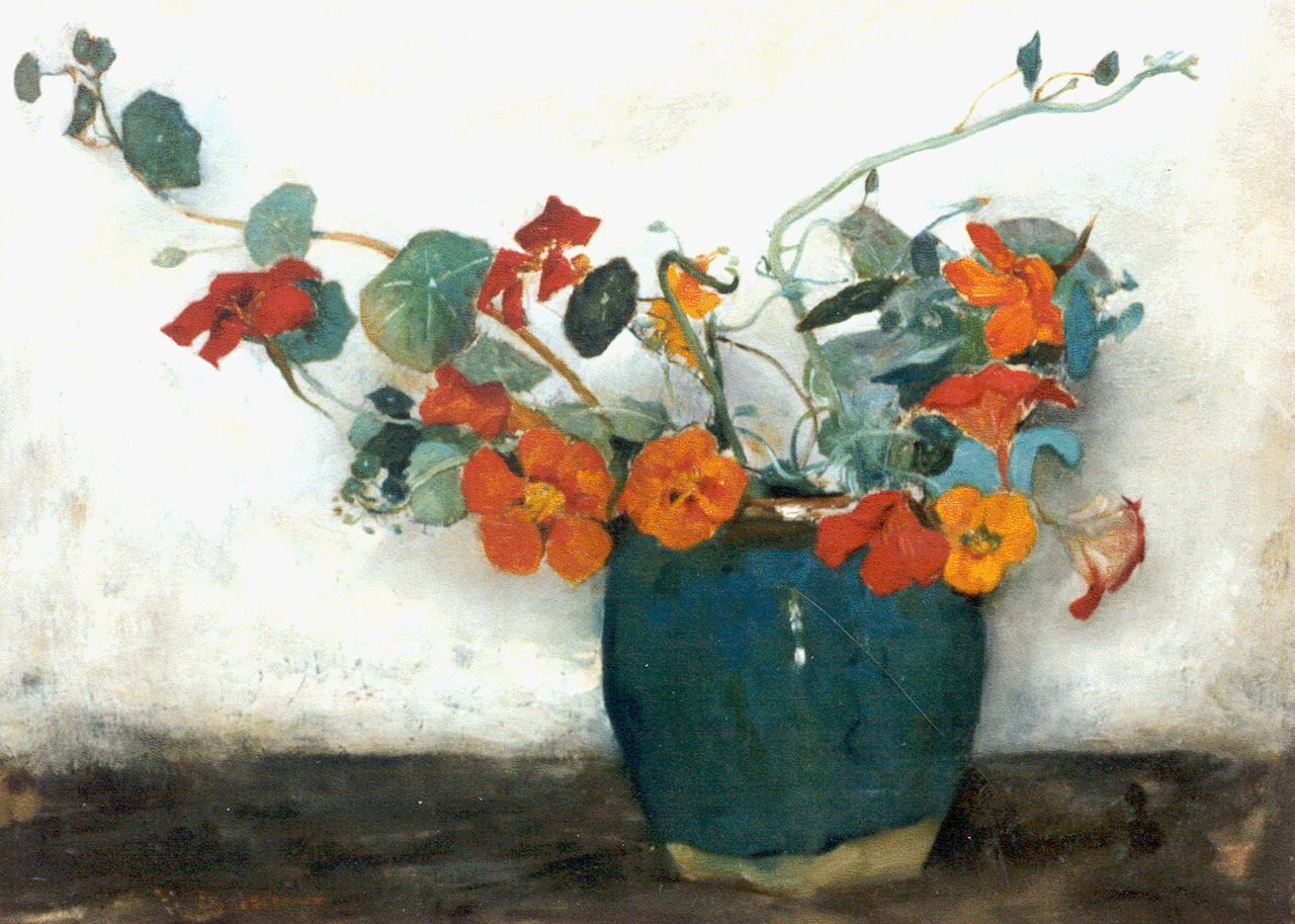 Arntzenius P.F.N.J.  | Pieter Florentius Nicolaas Jacobus 'Floris' Arntzenius, Gemberpot met Oost-Indische kers, olieverf op doek 36,5 x 50,5 cm, gesigneerd linksonder