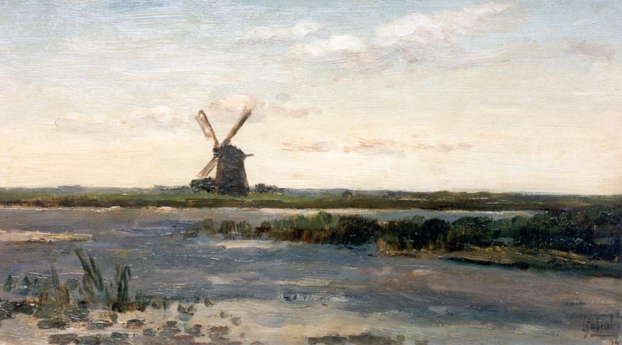 Gabriel P.J.C. | Paul Joseph Constantin 'Constan(t)' Gabriel, Molen aan de plassen, olieverf op paneel 25,0 x 44,0 cm, gesigneerd rechtsonder en gedateerd '74 Gabriel P.J.C. | Paul Joseph Constantin 'Constan(t)' Gabriel, Molen aan de plassen, olieverf op paneel 25,0 x 44,0 cm, gesigneerd rechtsonder en gedateerd '74