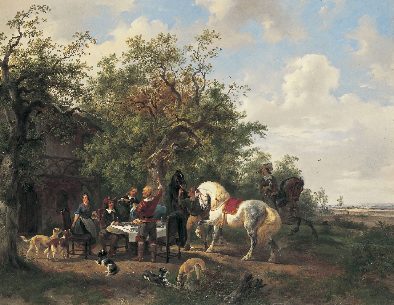 Verschuur W. | Wouterus Verschuur, Gezelschap met paarden en honden bij een uitspanning, olieverf op doek 57,5 x 73,5 cm, gesigneerd rechtsonder en te dateren 1838-1840 Verschuur W. | Wouterus Verschuur, Gezelschap met paarden en honden bij een uitspanning, olieverf op doek 57,5 x 73,5 cm, gesigneerd rechtsonder en te dateren 1838-1840