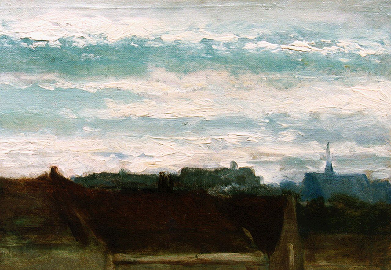 Weissenbruch H.J.  | Hendrik Johannes 'J.H.' Weissenbruch, Uitzicht over een dorp, olieverf op doek op paneel 18,8 x 24,9 cm, gesigneerd linksonder