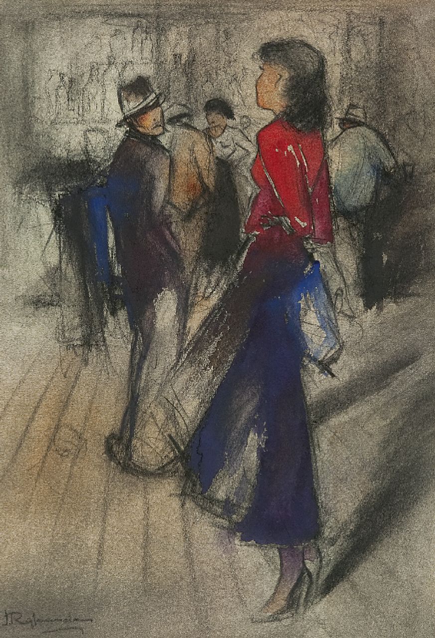 Rijlaarsdam J. | Jan Rijlaarsdam, De flirt, krijt en aquarel op papier 38,5 x 27,5 cm, gesigneerd linksonder Rijlaarsdam J. | Jan Rijlaarsdam, De flirt, krijt en aquarel op papier 38,5 x 27,5 cm, gesigneerd linksonder