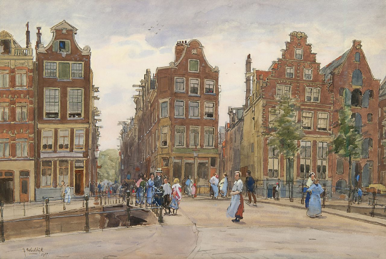 Bobeldijk F.  | Felicien Bobeldijk | Aquarellen en tekeningen te koop aangeboden | De Geldersekade vanaf de Bantammerbrug, Amsterdam, aquarel op papier 43,6 x 64,4 cm, gesigneerd linksonder en gedateerd 1917
