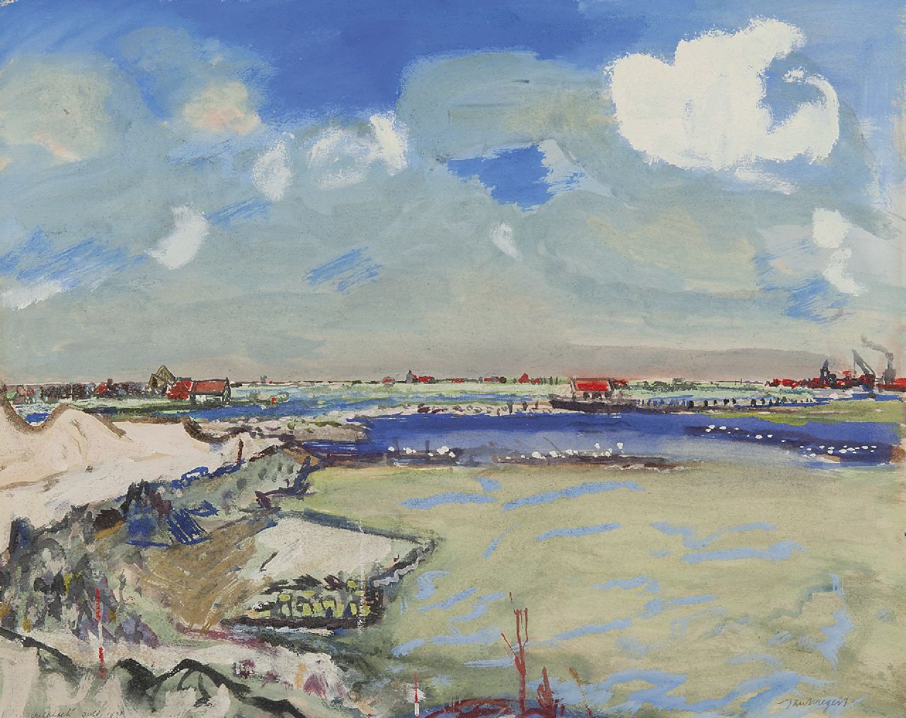 Wiegers J. | Jan Wiegers, Het dichten van de dijken, Zeeland 1953, gouache op papier 42,4 x 53,3 cm, gesigneerd rechtsonder en gedateerd 'Schelphoek' juli 1953 Wiegers J. | Jan Wiegers, Het dichten van de dijken, Zeeland 1953, gouache op papier 42,4 x 53,3 cm, gesigneerd rechtsonder en gedateerd 'Schelphoek' juli 1953