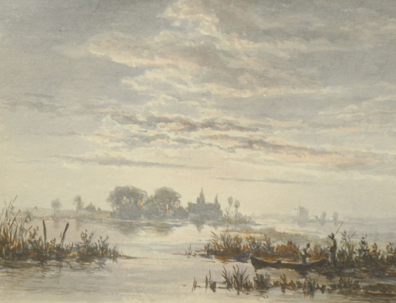 Abels J.Th.  | 'Jacobus' Theodorus Abels, Rivierlandschap bij ochtendgloren, aquarel op papier 11,0 x 14,0 cm