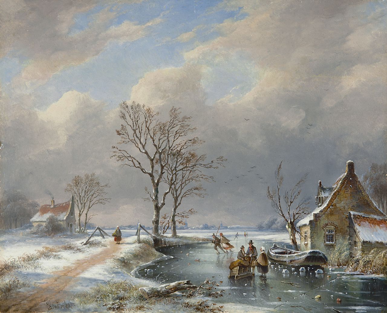 Hendriks G.  | Gerardus 'George Henry' Hendriks, Winterlandschap met schaatsers en slede, olieverf op paneel 29,2 x 36,3 cm, gesigneerd linksonder